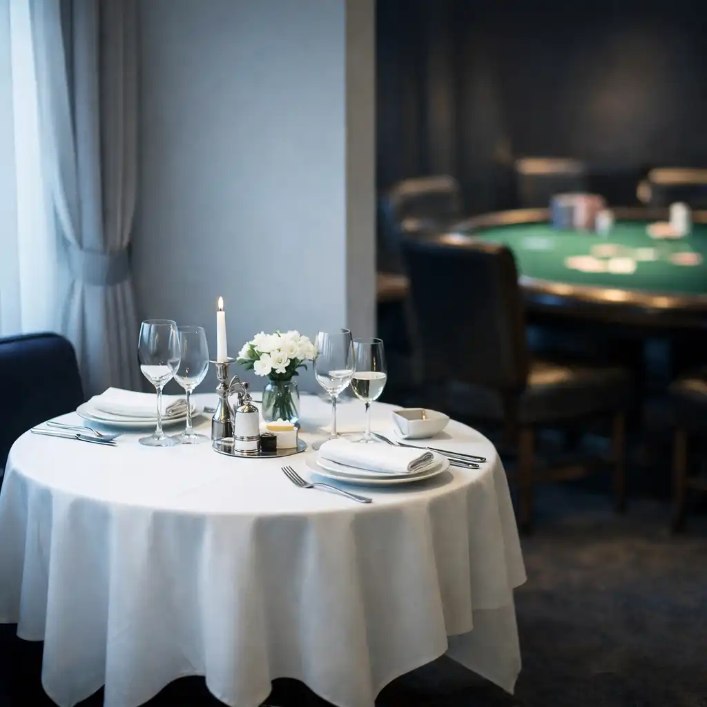Elegant dining table set in a quiet corner of the Card Lounge, with a poker table softly visible in the background