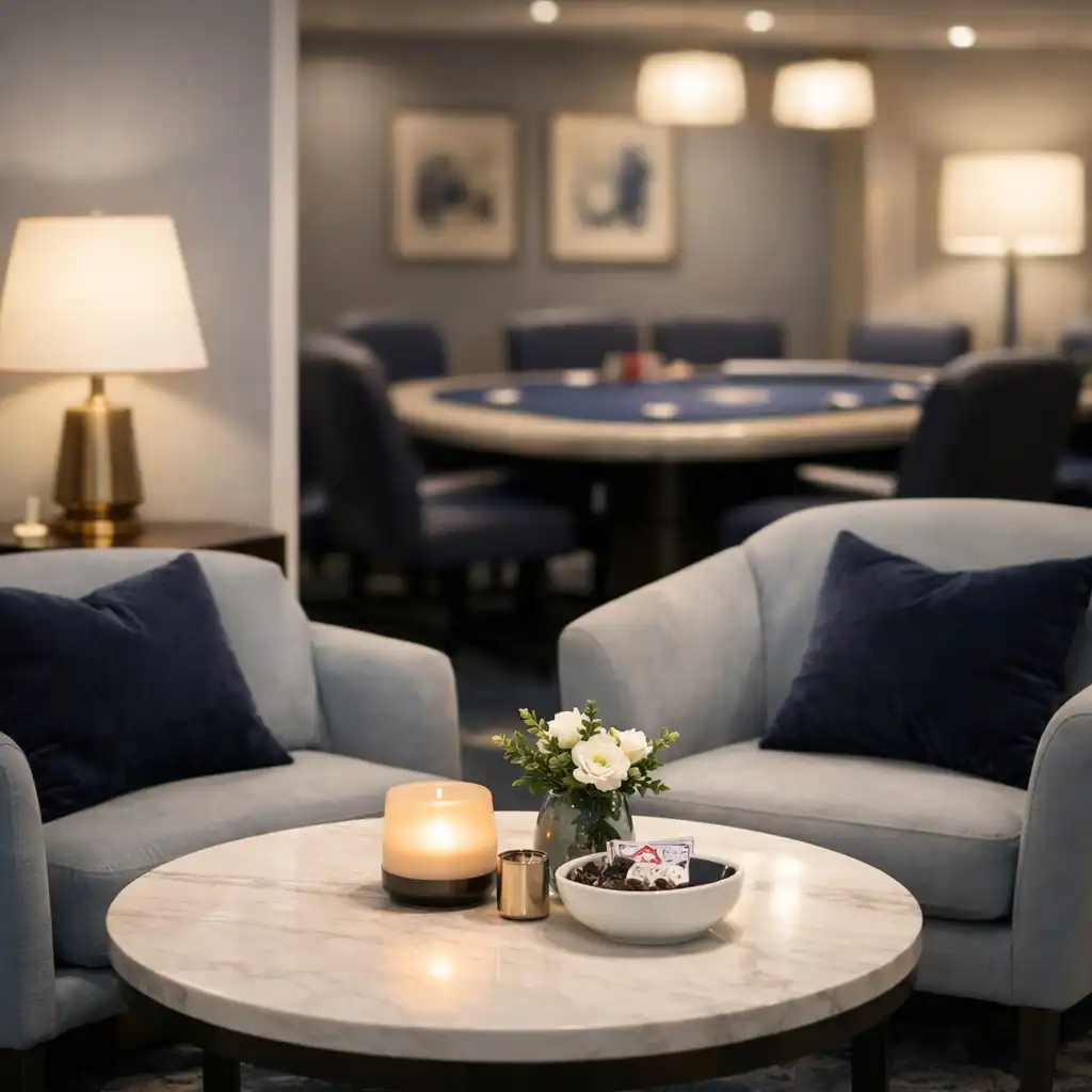 Card lounge interior at Poker Veranda Canberra with comfortable seating and a professional poker table in the background