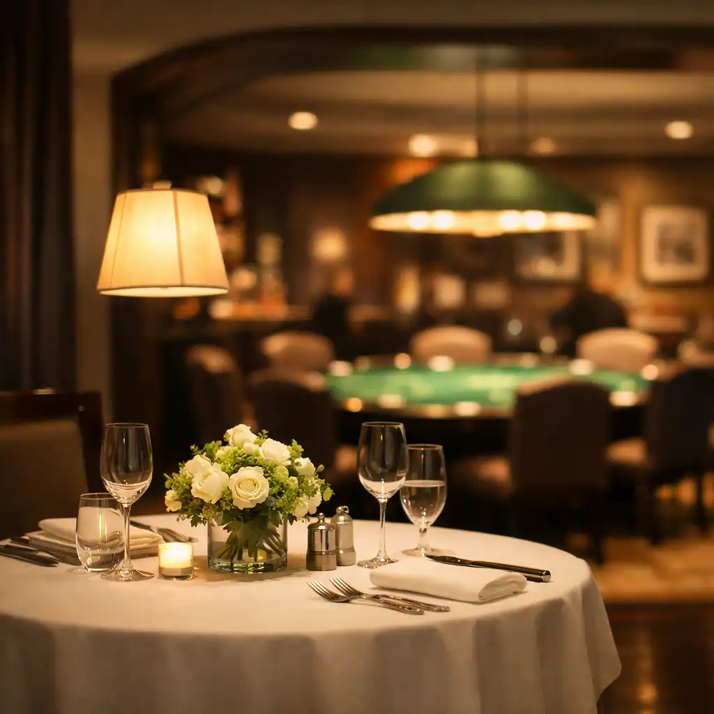 Elegant dining area with a set table, white tablecloth, and soft pendant lighting