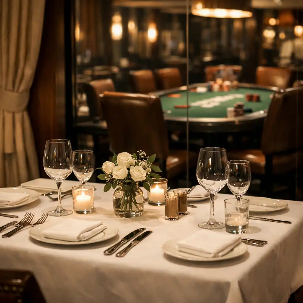 Elegant restaurant dining area adjacent to the poker room