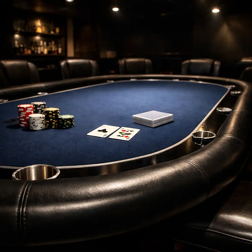 High-stakes poker table with dark blue felt and premium leather rail