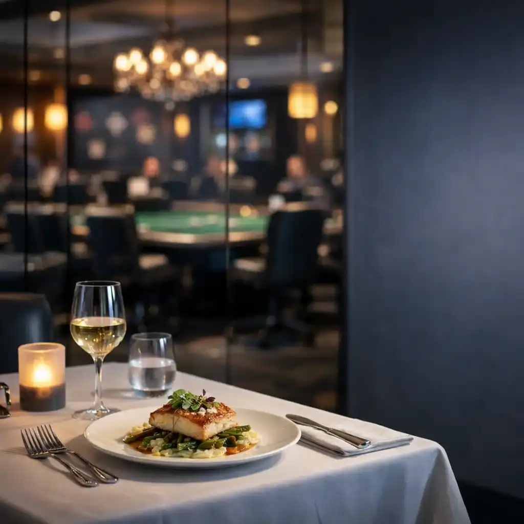 Elegant restaurant interior at Poker Veranda Canberra with a plated dish and a blurred view of the poker room beyond a glass partition