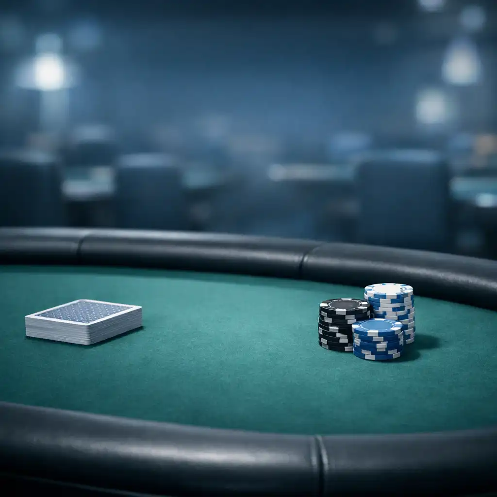 Professional poker table with real cards and chips in the softly lit Poker Veranda Canberra poker room