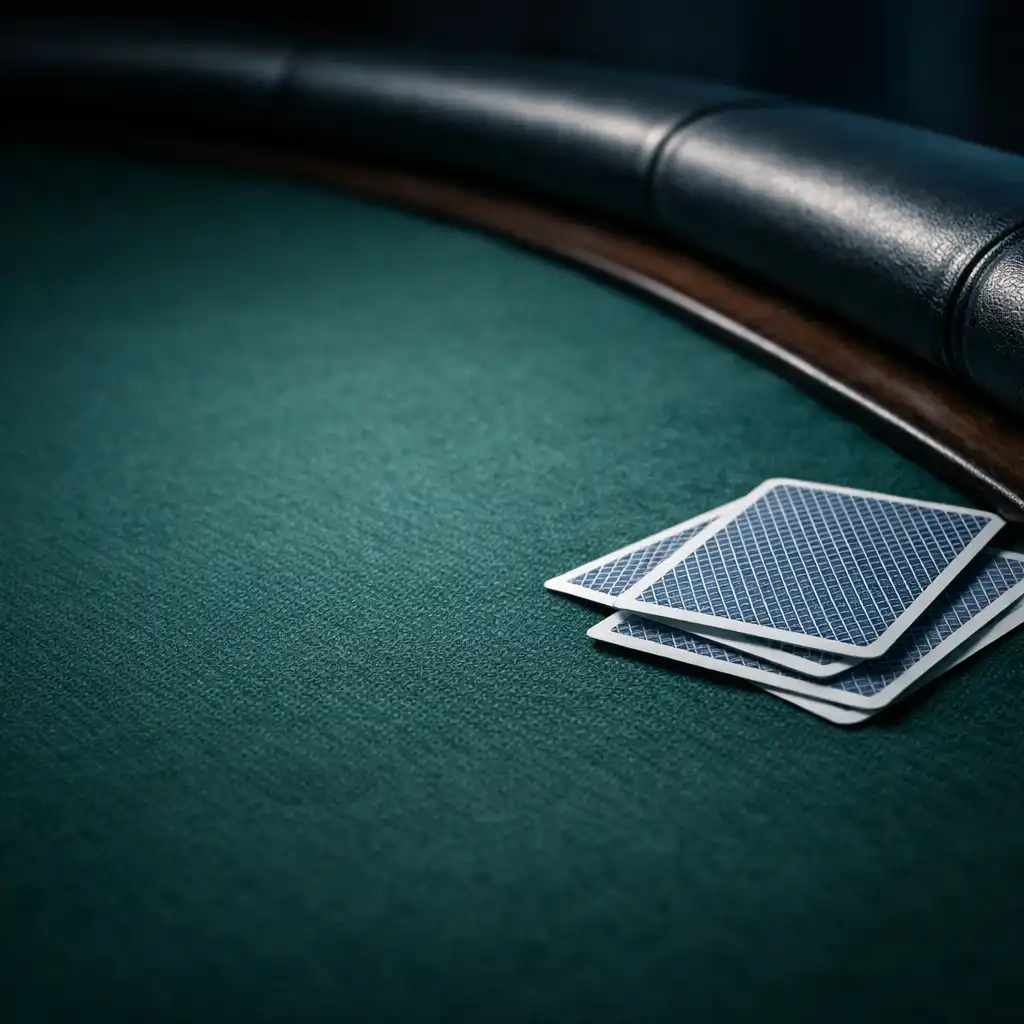 Close-up detail of a professional poker table showing the felt texture, padded rail, and face-down cards