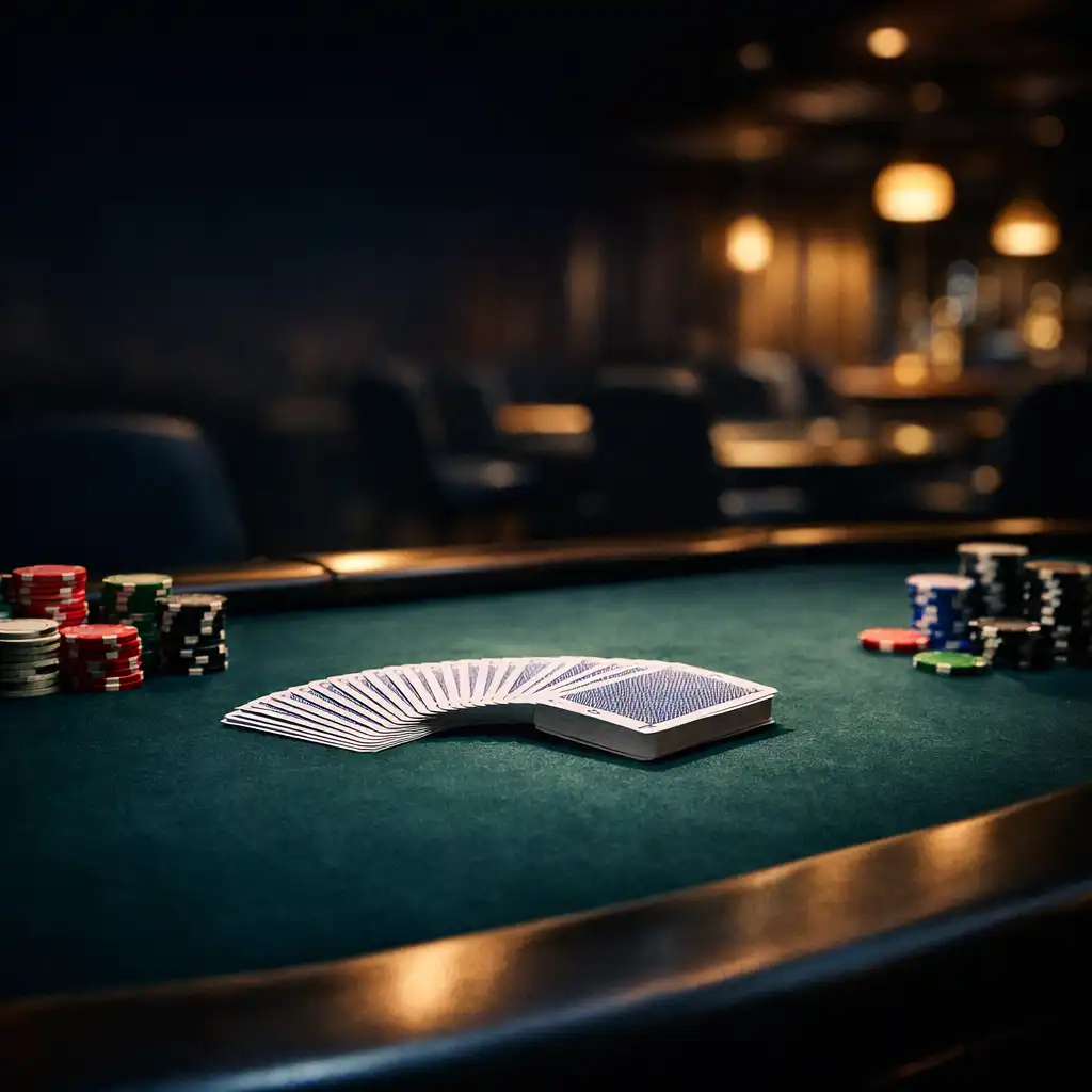 Professional poker table at night with real cards and chips under warm overhead lighting