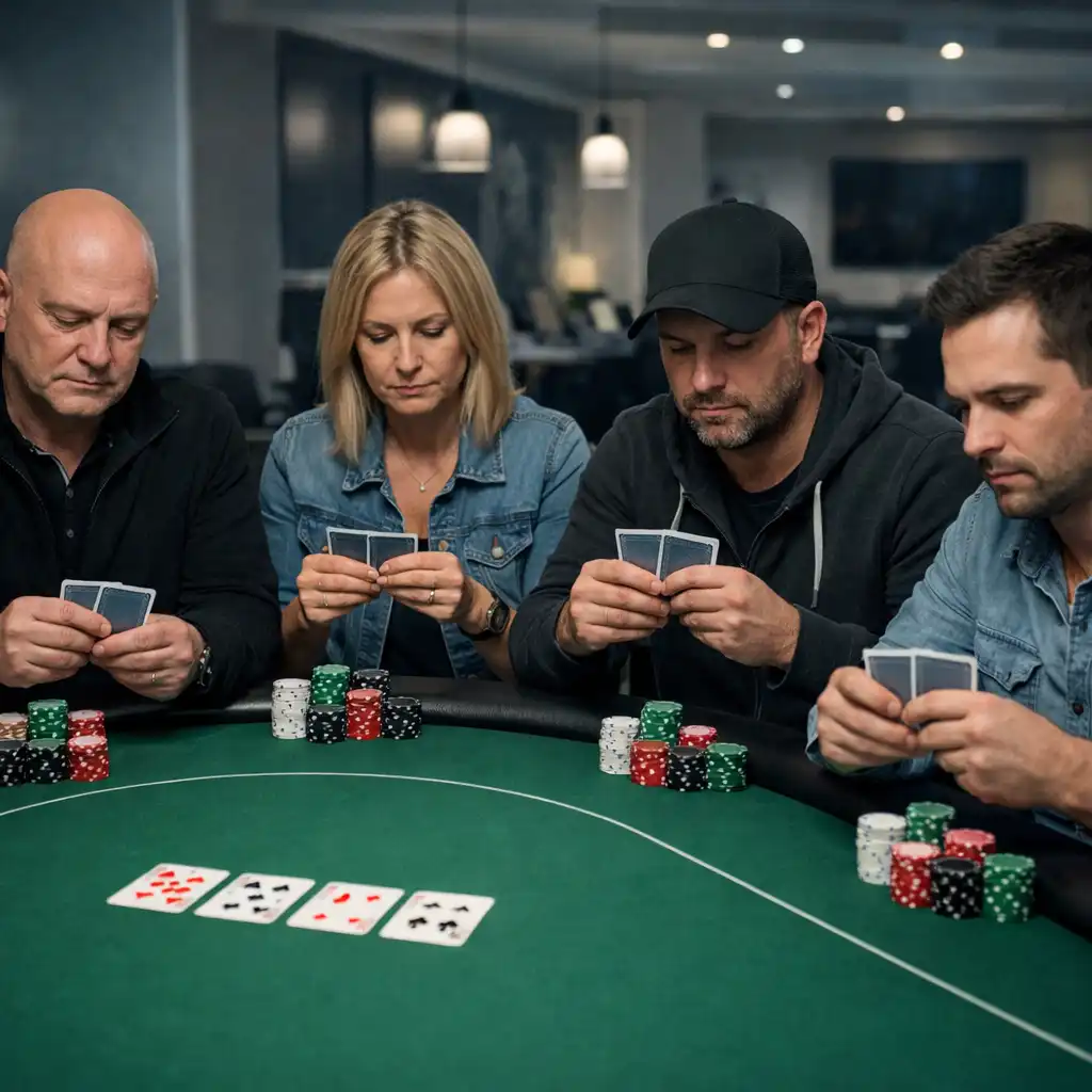 Players seated at a professional poker table in a calm, well-lit card room