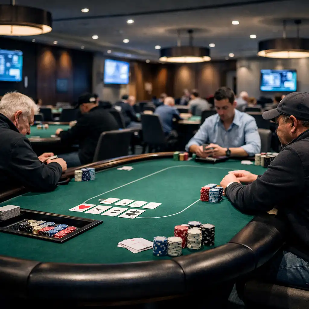 Professional poker room with green felt tables, cards, and focused players under soft lighting