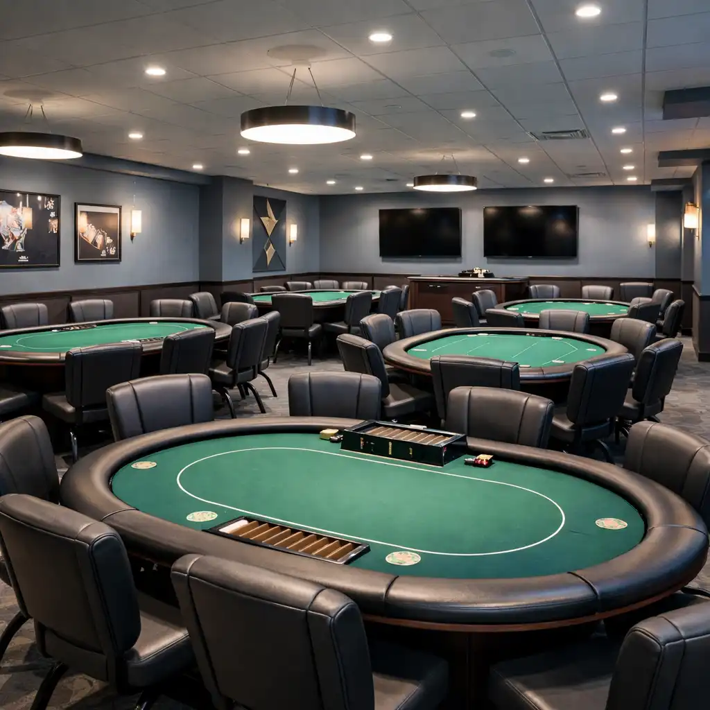 Dedicated private poker room with several professional poker tables and comfortable chairs