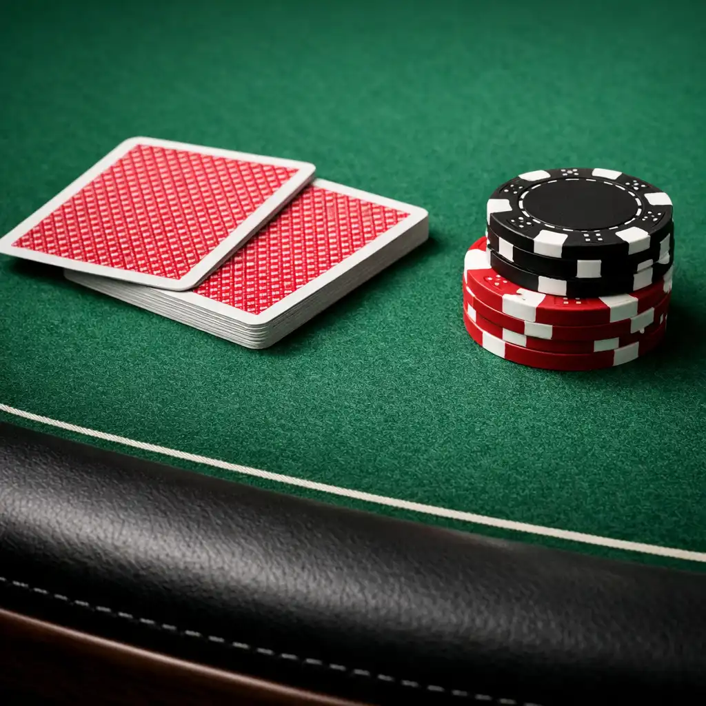 Close-up of a professional poker table with green felt, playing cards, and a small stack of chips