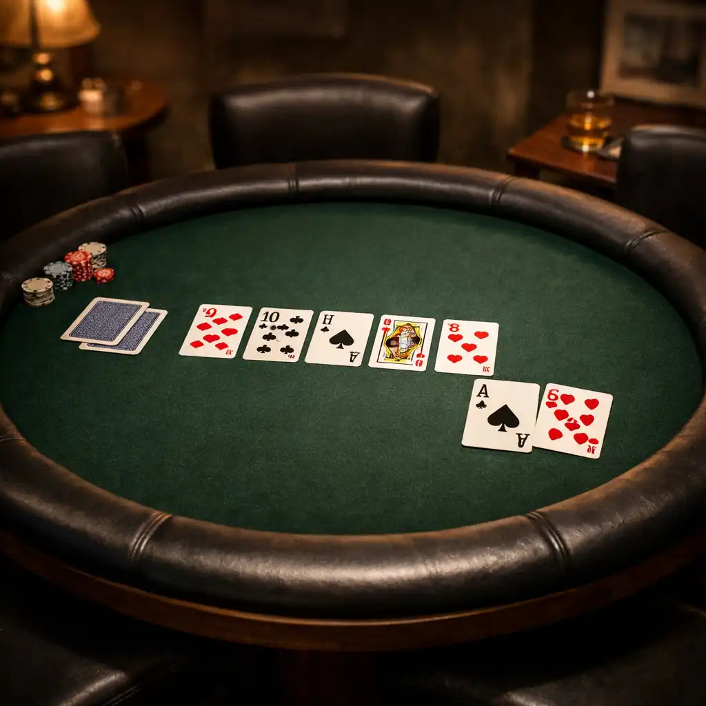 Round poker table in an intimate card lounge setting