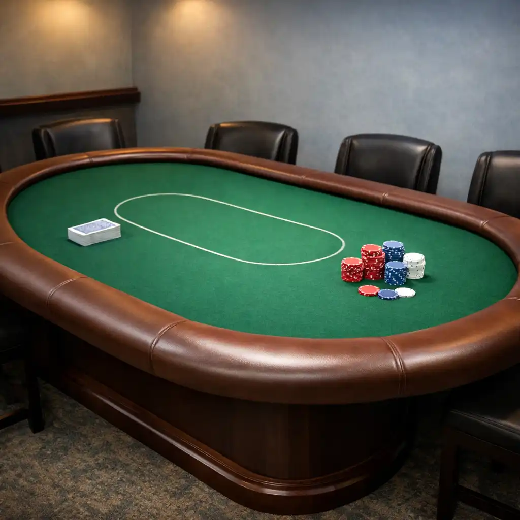 Standard oval poker table with green felt and padded leather rail