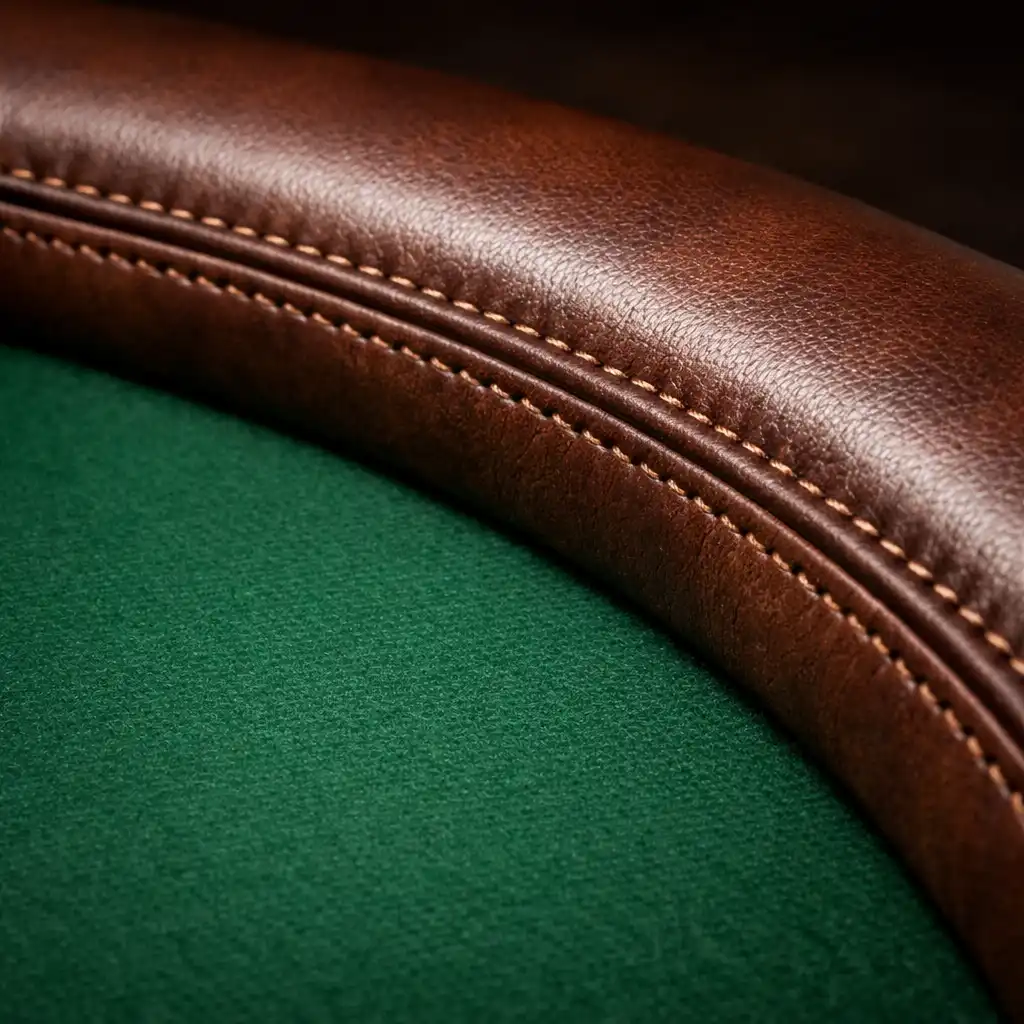 Close-up of poker table edge showing detailed stitching and premium felt